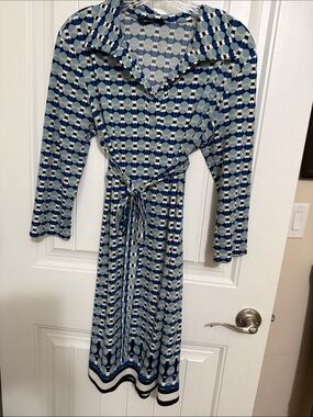 Max Edition Blue, Navy and White Geometric Midi Wrap Dress